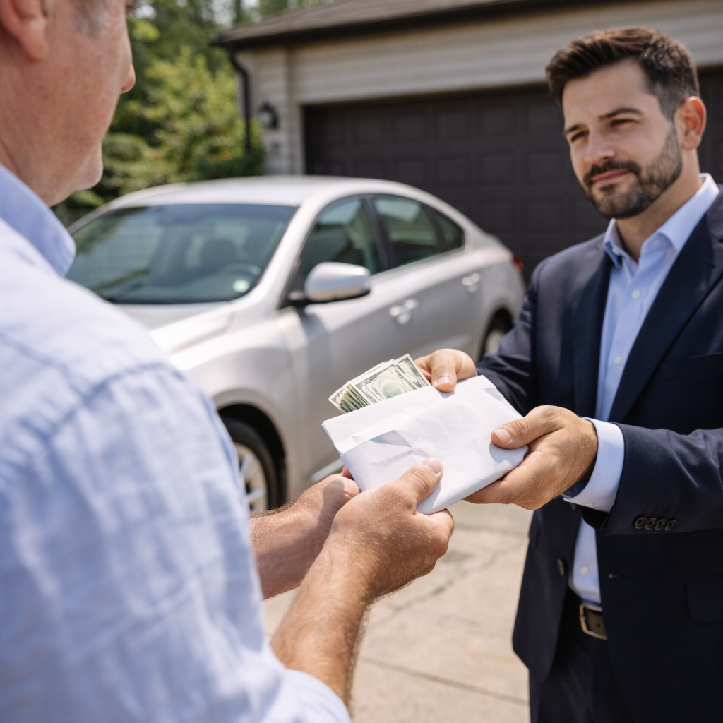 remise d'enveloppe avec euros devant voiture grise après accord de rachat