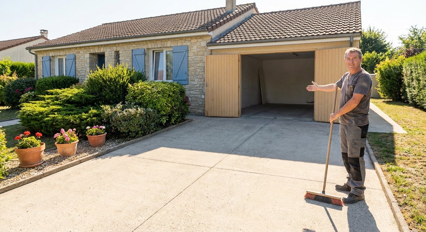 Allee et garage propres apres l'enlèvement d'une vieille voiture