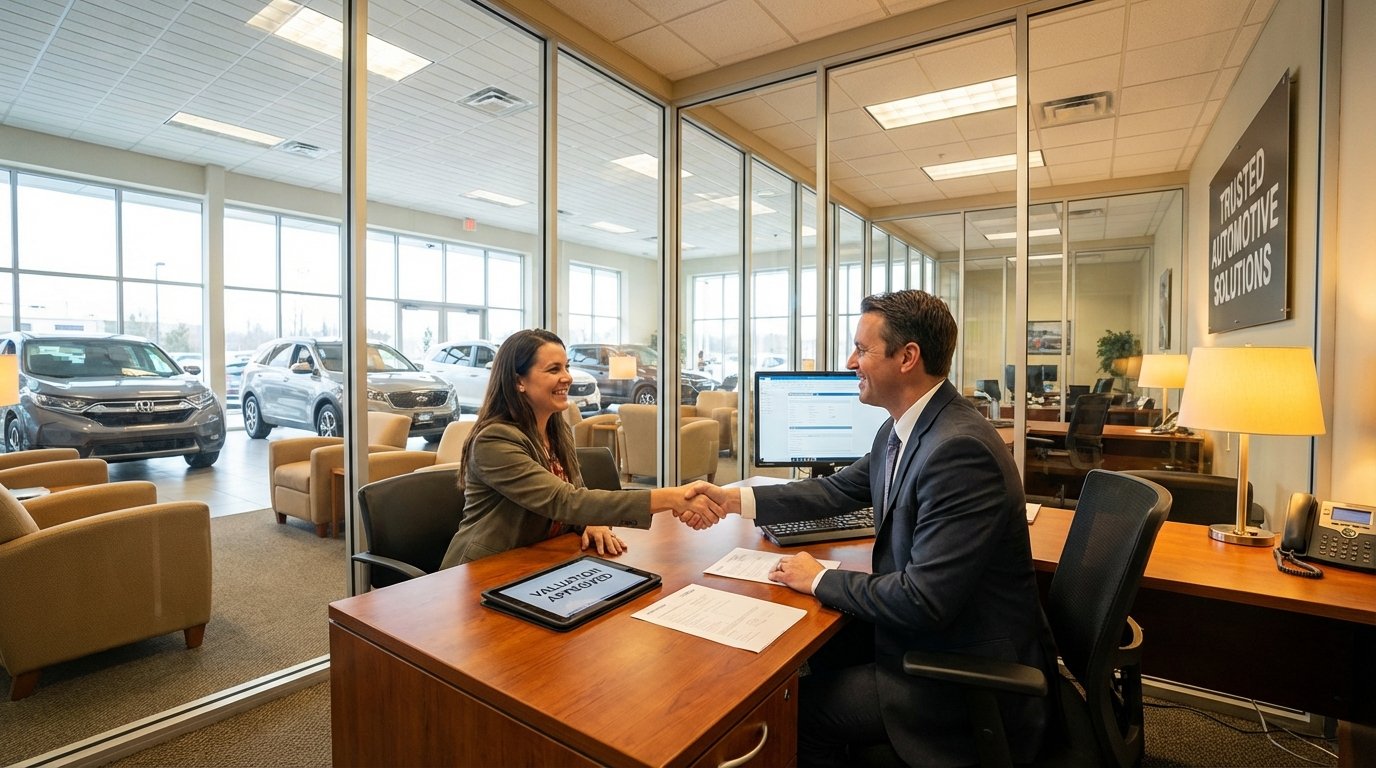 Client satisfait recevant une estimation favorable pour son véhicule