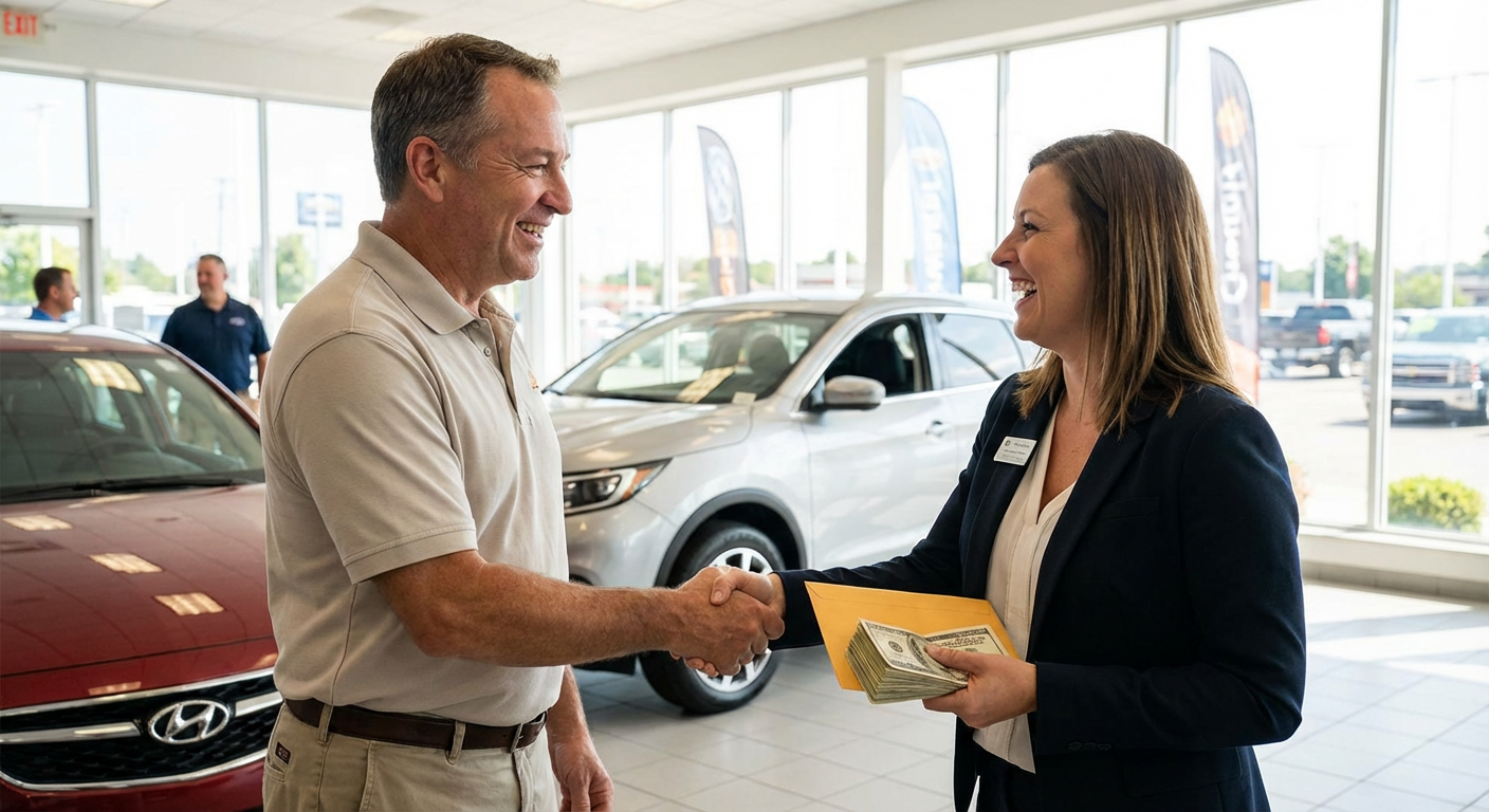 Client satisfait recevant le paiement pour sa voiture