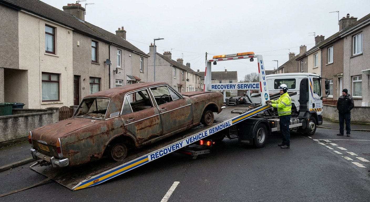 Enlèvement d'une vieille voiture par une depanneuse