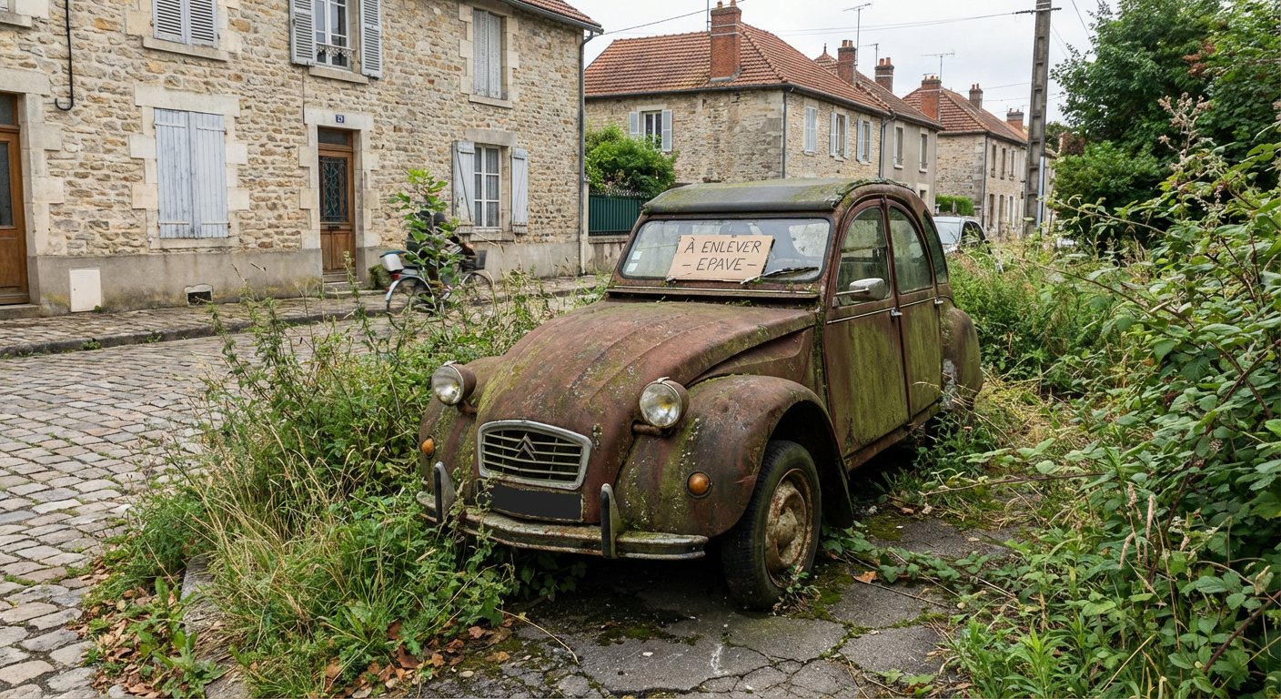 Voiture epave abandonnee en attente enlevement
