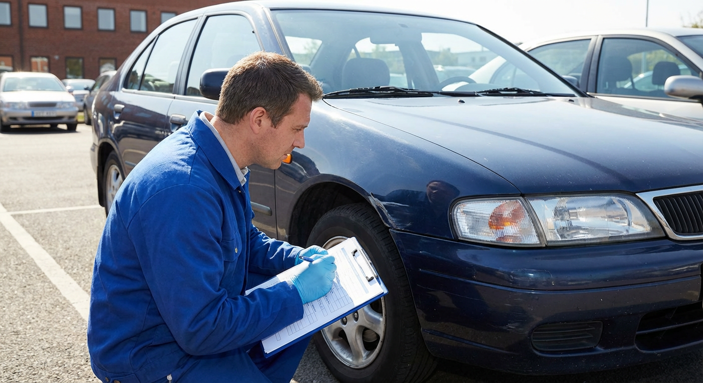 Expert automobile examinant l'état d'un véhicule d'occasion
