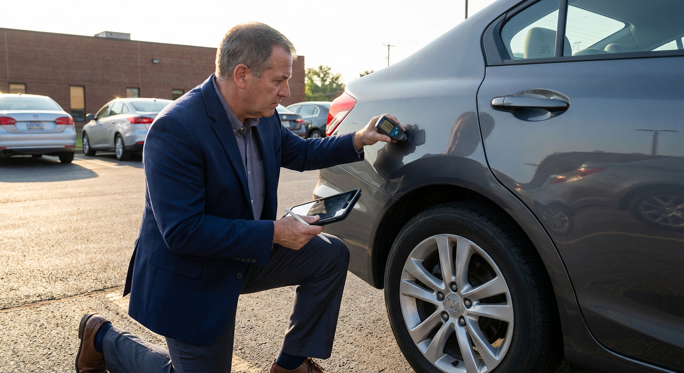 Expert evaluant un vehicule pour estimation reprise