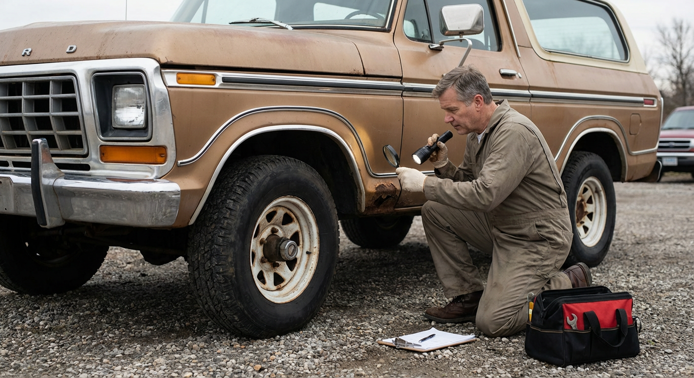Expert automobile inspectant la carrosserie d'un véhicule ancien