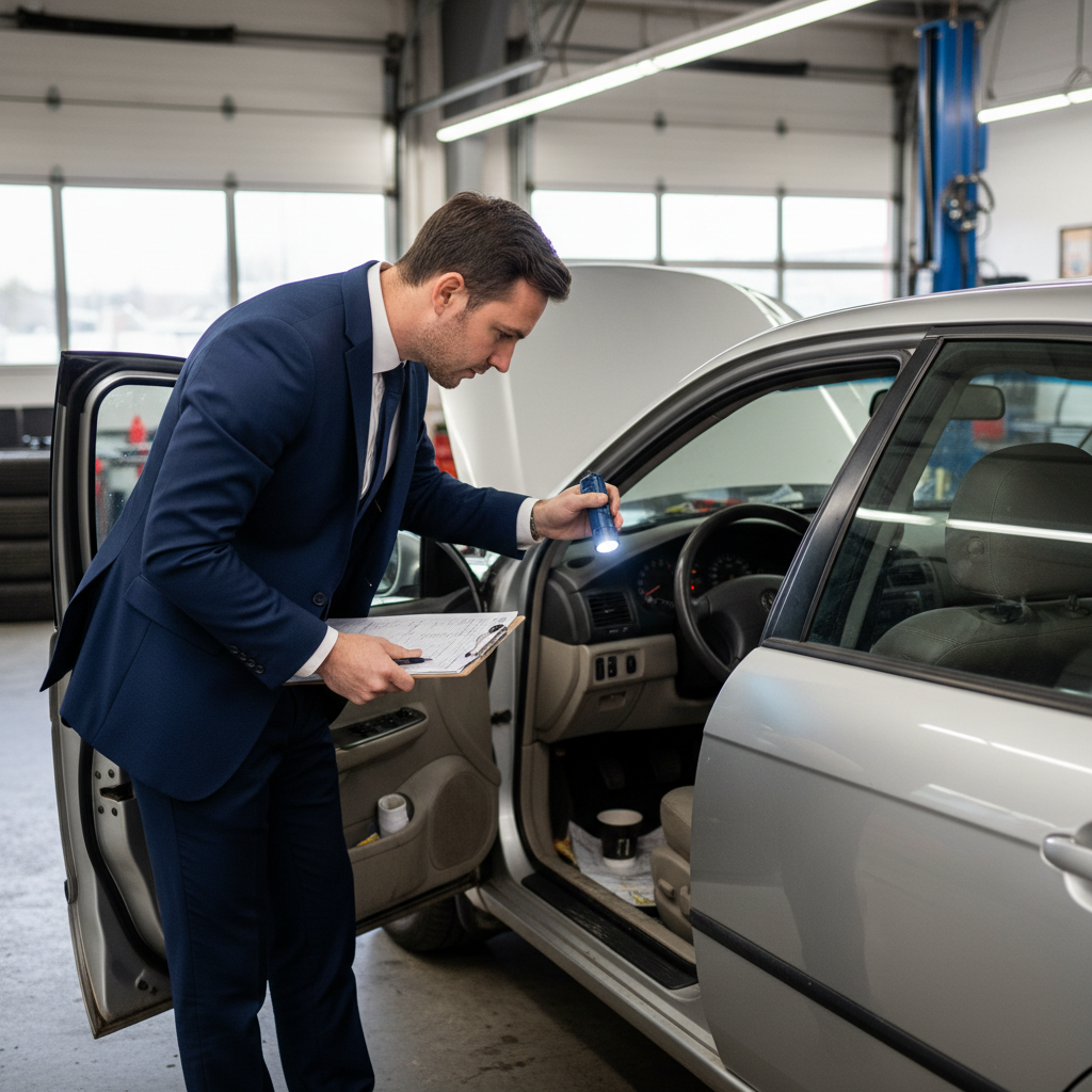 Garagiste évaluant la valeur de reprise d’un véhicule en atelier