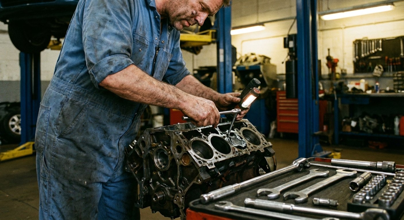 M\u00e9canicien inspectant une \u00e9pave de voiture dans un garage
