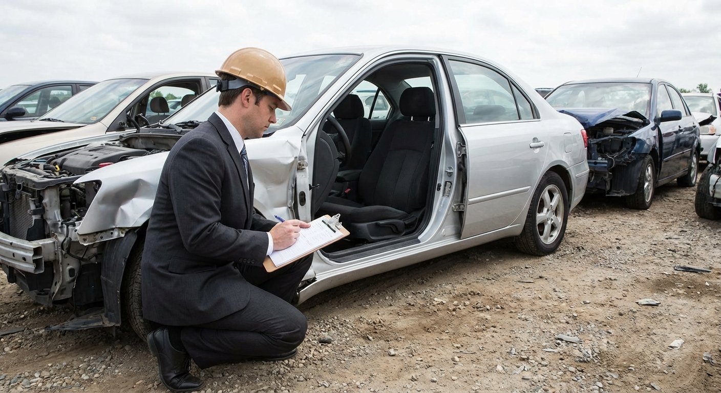 Professionnel inspectant une voiture accidentee pour estimation