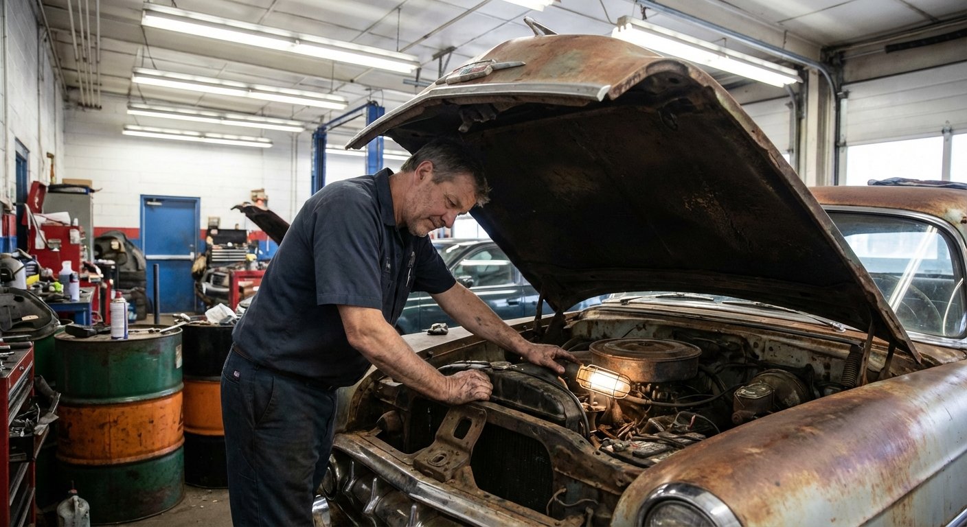 Mecanicien evaluant les reparations sur vehicule ancien