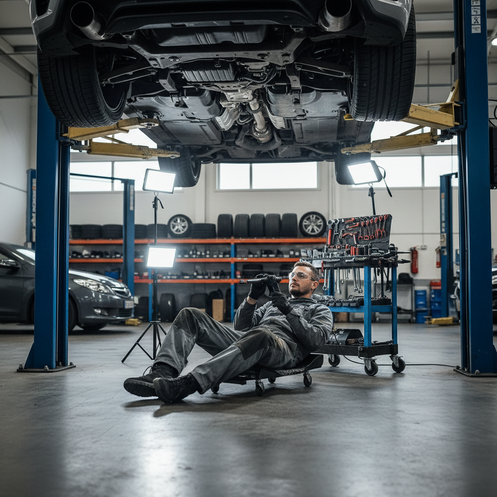 Mécanicien examinant le dessous d’une voiture sur un pont élévateur