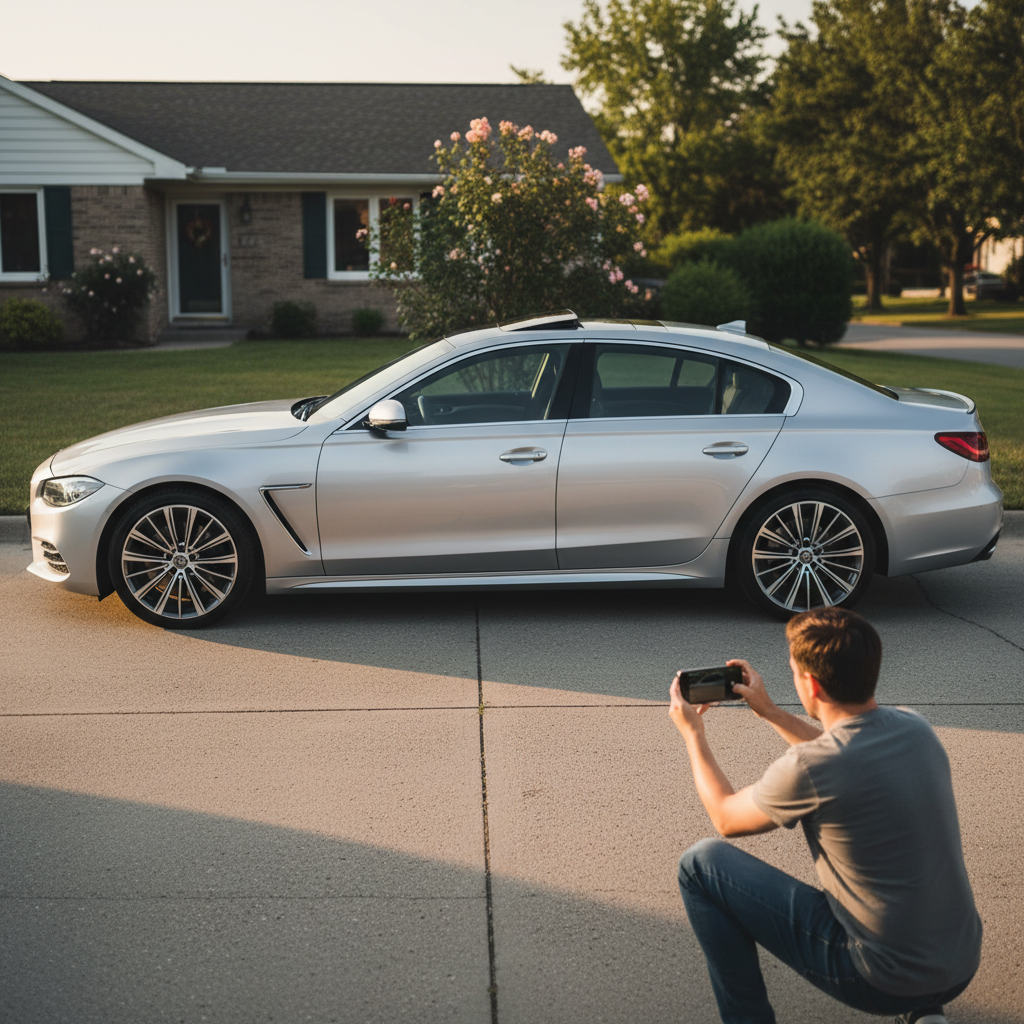 Personne photographiant sa voiture avec un smartphone pour une annonce en ligne