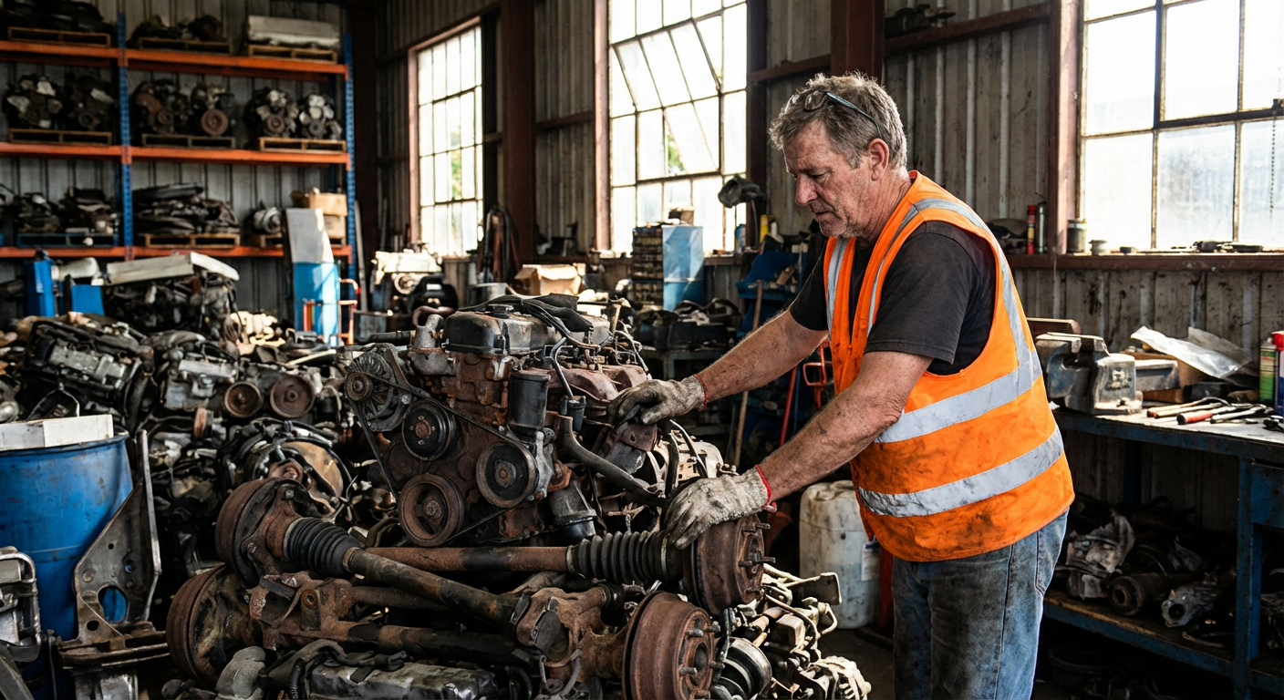 Professionnel du recyclage inspectant pieces auto