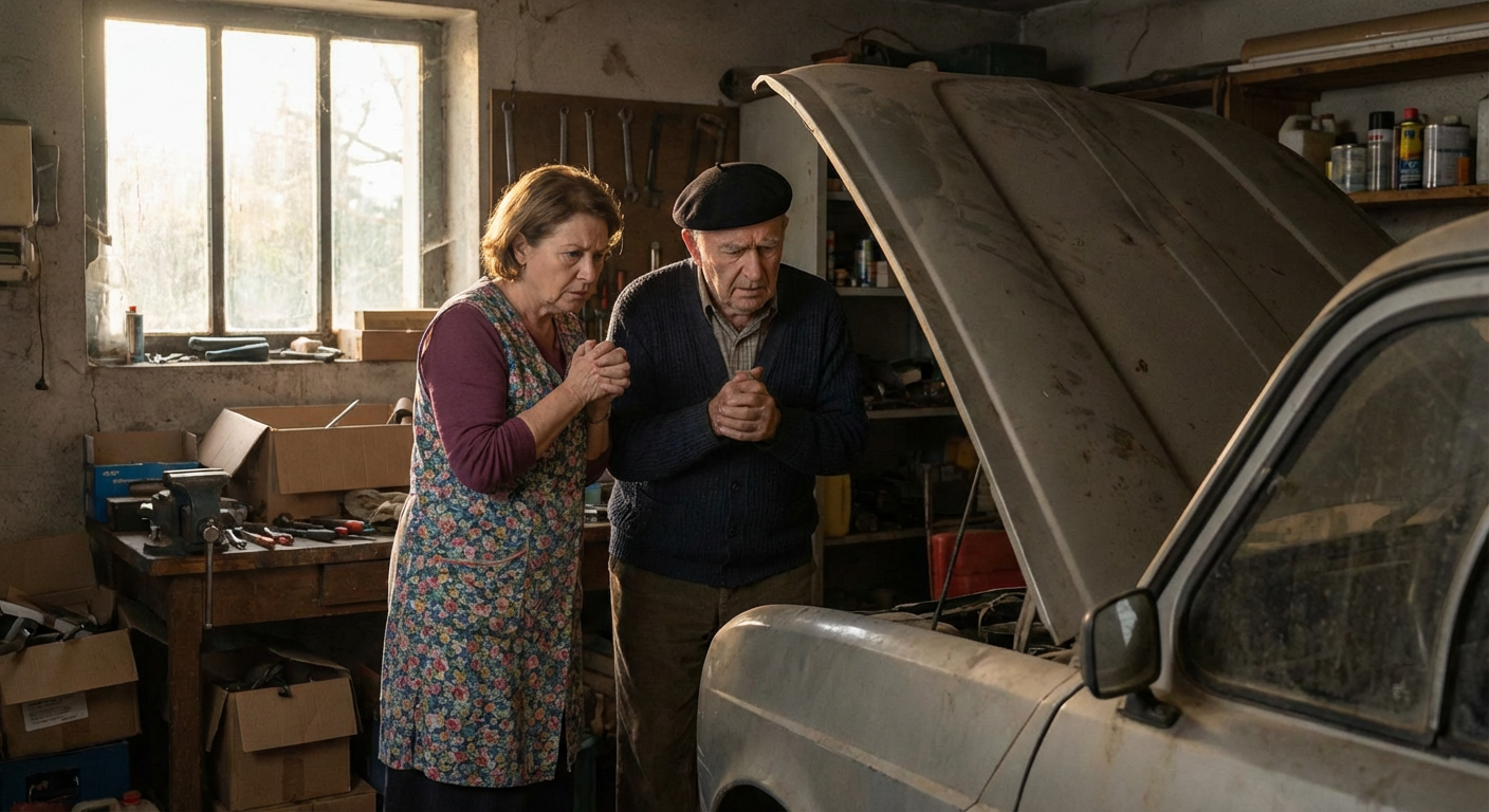 Proprietaire inquiet devant sa voiture ancienne en panne