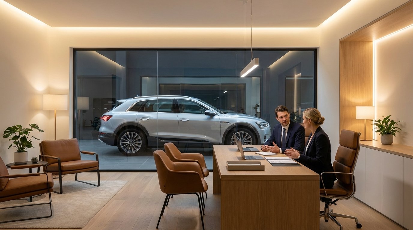 Bureau de rachat automobile professionnel avec conseiller et client