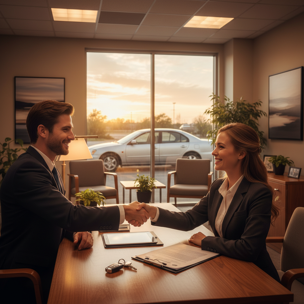 Poignée de main lors d’une transaction de rachat de voiture d’occasion