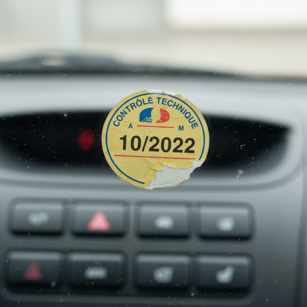 Vignette de contrôle technique périmée sur un pare-brise de voiture